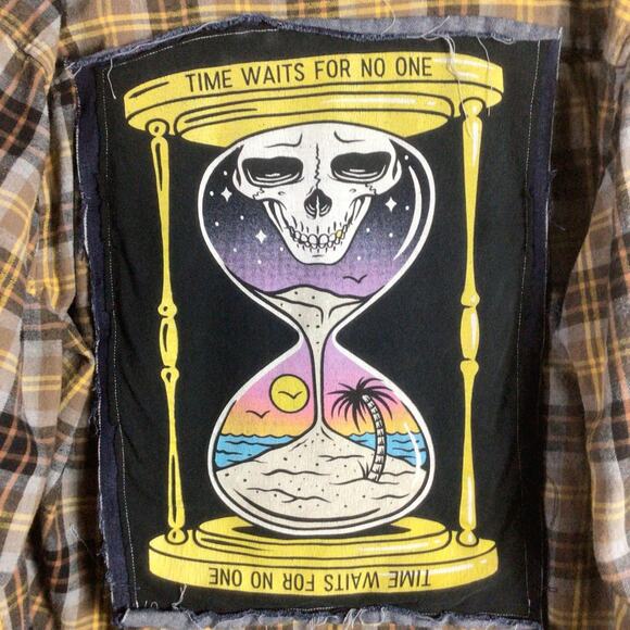 Retrofit band FLANNEL DENIM Jean tee shirt patch Black Yellow 2XL XXL - Picture 2 of 7